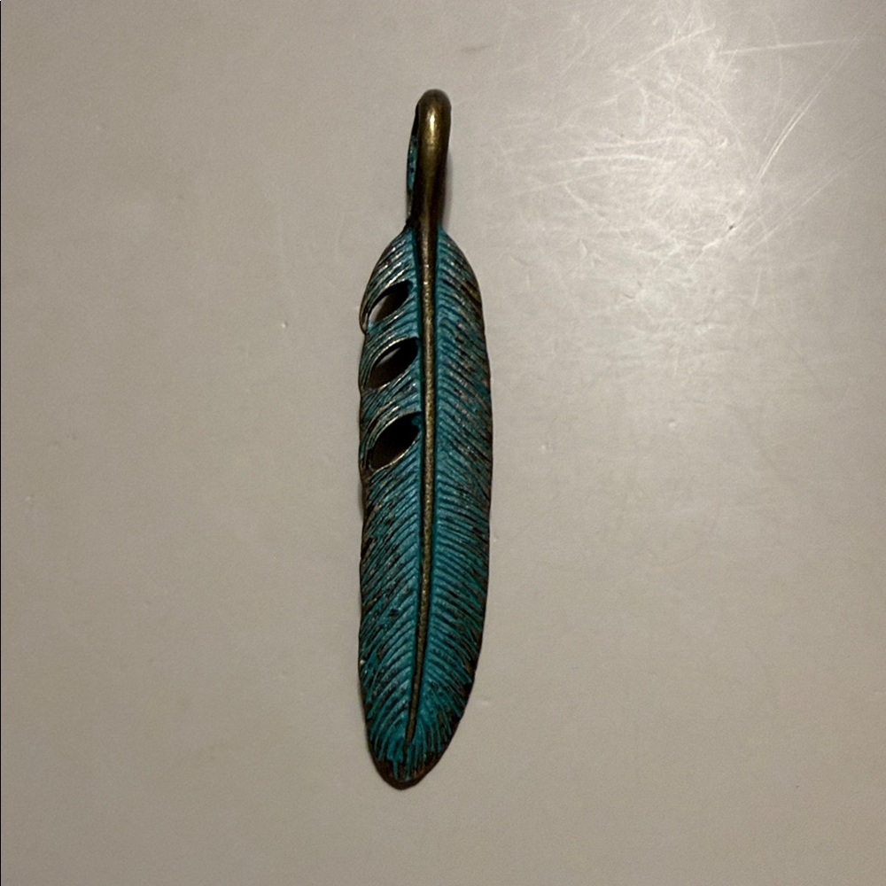 Vintage Boho Gold Tone Green Feather Large Long Pendant